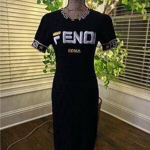 Fendi Black Midi Dress with White and Gold Details